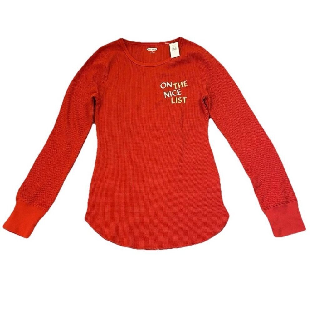 Old Navy Women's Top Size M Red Long Sleeves On The Nice List T-Shirt NWT